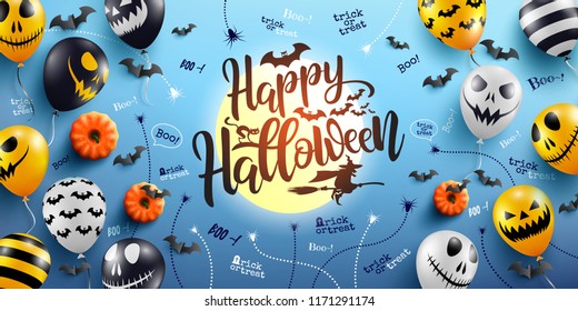 Happy Halloween Lettering and Blue Background with Halloween Ghost Balloons.Scary air balloons.Website spooky,Background or banner Halloween template.Vector illustration EPS10