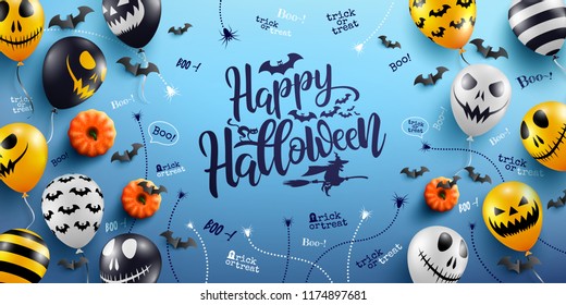 Happy Halloween Lettering and Blue Background with Halloween Ghost Balloons.Scary air balloons.Website spooky,Background or banner Halloween template.Vector illustration EPS10