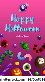 Happy Halloween lettering with candy canes and sweets. Invitation or advertising design. Handwritten text, calligraphy. For leaflets, brochures, invitations, posters or banners.