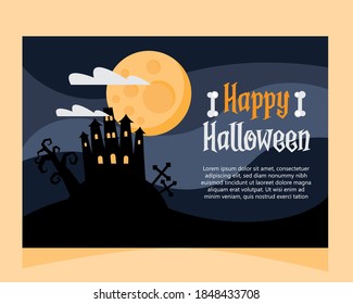 happy halloween lettering card with haunted castle at night scene vector illustration design
