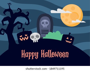 happy halloween lettering card with pumpkins at night scene vector illustration design