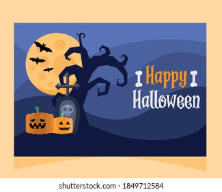 happy halloween lettering card with pumpkins and graveyard vector illustration design