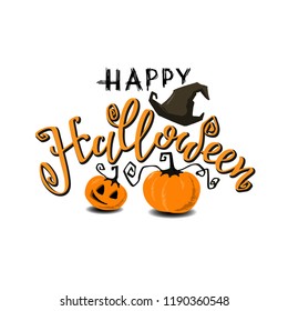 Happy Halloween - lettering with cartoon silhouettes pumpkin and hat, party poster, banner, label. Vector illustration, EPS 10