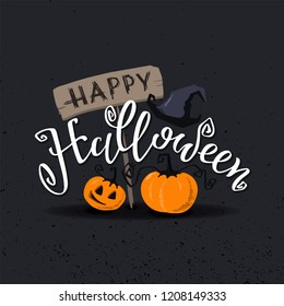 Happy Halloween - lettering with cartoon silhouettes pumpkin and hat, party poster, banner, label. Vector illustration, EPS 10
