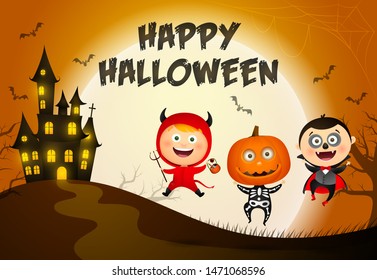 Happy Halloween lettering, castle and kids in monsters costumes. Invitation or advertising design. Typed text, calligraphy. For leaflets, brochures, invitations, posters or banners.