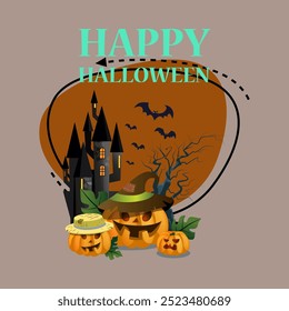 Happy Halloween lettering with castle and pumpkin lanterns in old hats. Flying bats on background. Typed text, calligraphy. Holiday, celebration, party concept. Vector illustration for banner design