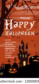 Happy Halloween lettering with castle and pumpkins. Invitation or advertising design. Handwritten text, calligraphy. For leaflets, brochures, invitations, posters or banners.