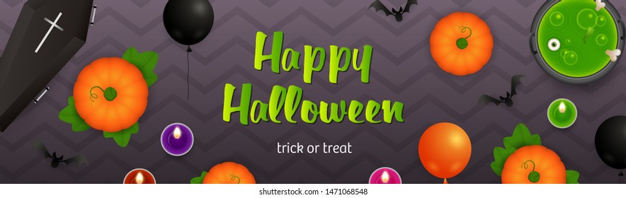 Happy Halloween lettering, cauldron with potion and pumpkins. Invitation or advertising design. Handwritten text, calligraphy. For leaflets, brochures, invitations, posters or banners.