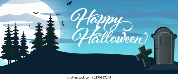 Happy Halloween lettering with cemetery, moon and forest. Invitation or advertising design. Handwritten text, calligraphy. For leaflets, brochures, invitations, posters or banners.