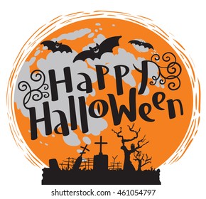 Happy Halloween lettering composition with cemetery and bats silhouette. Celebration october vector illustration with moon. Design element for t-shirt, poster, greeting cards