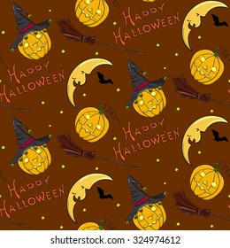 Happy Halloween Lettering, Crescent, Jack-o-lantern, Witch Broom, Hat & Flying Vampire Bat seamless pattern on brown background. Vintage textile design. Yellow, Orange, Brown & Black vector backdrop.