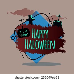 Fröhliche Halloween-Beschriftung mit Kreuz-Grabsteinen und Kürbis-Laterne. Texteingabe, Kalligrafie. Feiertags- und Feiertagskonzept Vektorgrafik für Einladung, Banner oder Plakatdesign