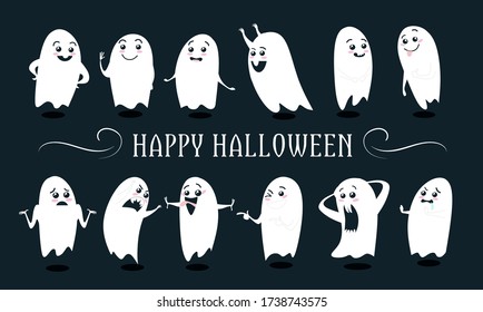 Happy halloween lettering and cute ghosts vector illustration. Funny kind monsters with various face expressions flat style. Happy autumn celebration concept. Isolated on dark background