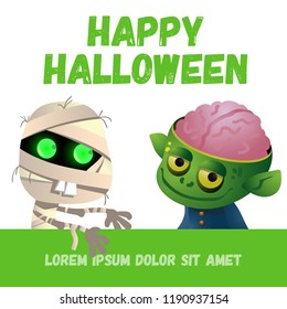Happy Halloween lettering with cute mummy and zombie. Invitation or advertising design. Typed text, calligraphy. For leaflets, brochures, invitations, posters or banners.