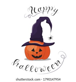 Happy halloween lettering with cute pumpkin in the witch hat vector illustration.