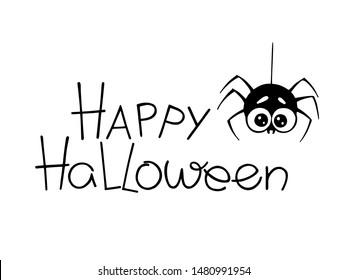 Happy halloween lettering with cute spider. Handdrawn vector illustration.