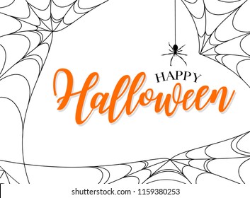 Happy Halloween lettering design. Holiday calligraphy with spider web, isolated on white background. For poster, banner, greeting card, invitation.