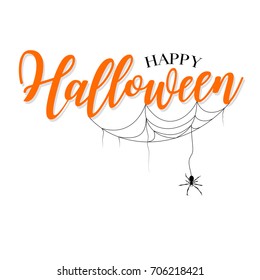 Happy Halloween lettering design. Holiday calligraphy with spider and web, isolated on white background. For poster, banner, greeting card, invitation.