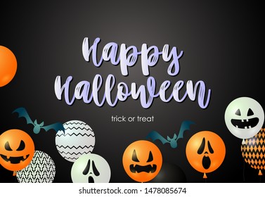 Happy Halloween lettering with with flying bats and ugly mask balloons on black background. Lettering can be used for invitations, posters, postcards