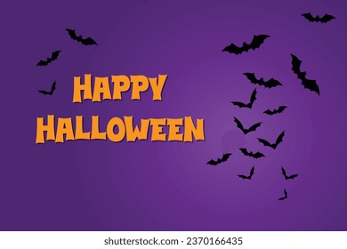 Happy Halloween lettering with flying bats on purple background. Vector illustration