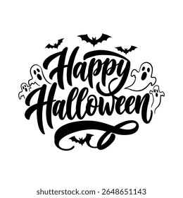 Happy Halloween Lettering with Flying Bats and Ghost Silhouettes .