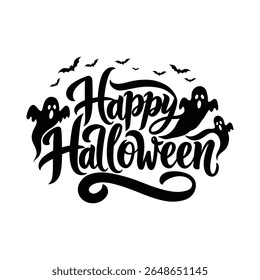Happy Halloween Lettering with Flying Bats and Ghost Silhouettes .
