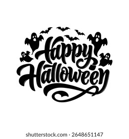 Happy Halloween Lettering with Flying Bats and Ghost Silhouettes .