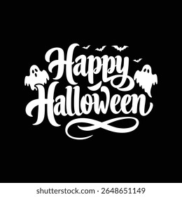 Happy Halloween Lettering with Flying Bats and Ghost Silhouettes .