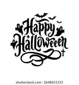 Happy Halloween Lettering with Flying Bats and Ghost Silhouettes .