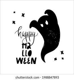 Felices letras de Halloween. Espíritu fantasma volador. Cuto dibujo de carácter espeluznante de caricatura. Diseño de vectores para tarjetas de felicitación e invitación a fiestas de otoño, halloween.