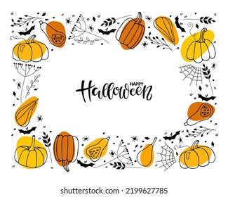 Happy Halloween lettering in halloween frame. Rectangular Border with orange Pumpkins, black dry plants, bat, spider, cobweb. Hand drawn autumn vector background. Halloween holidays sketch design