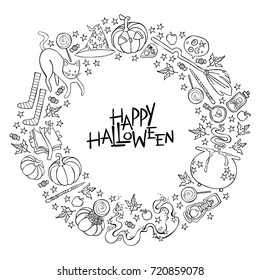 Happy Halloween. Lettering. Frame. Witch's pot, Halloween pumpkin, candy, autumn leaves. Isolated vector object on white background.