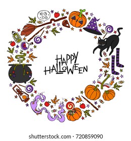 Happy Halloween. Lettering. Frame. Witch's pot, Halloween pumpkin, candy, autumn leaves. Isolated vector object on white background.