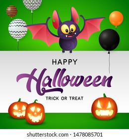 Happy Halloween lettering with funny bat, flying balloons of different colors and ugly pumpkin head with candle light on green background. Lettering can be used for invitations, posters, postcards