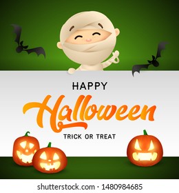 Happy Halloween lettering with funny kind mummy, flying black bats and fearful pumpkin heads on green background. Lettering can be used for invitations, posters, postcards