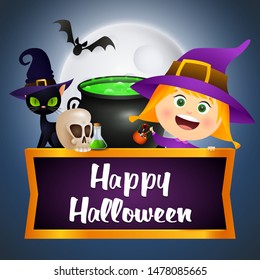 Happy Halloween lettering with funny witch, flying bats, boiling potion, skull and black cat in hat on moon light background. Lettering can be used for invitations, posters, postcards