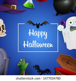Happy Halloween lettering with ghost, coffin and skull. Invitation or advertising design. Handwritten text, calligraphy. For leaflets, brochures, invitations, posters or banners.