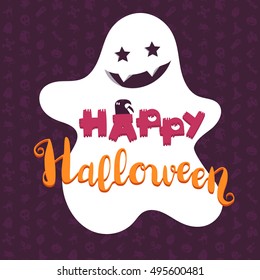 Happy Halloween Lettering with ghost. Halloween concept for print, fabric, greeting, t-shirt. Halloween card. Halloween poster. Design halloween elements. Vector banner with happy halloween text