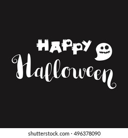 Happy Halloween Lettering with ghost. Halloween concept for print, greeting, t-shirt. Halloween card. Halloween poster. Design halloween elements. Vector banner with happy halloween text