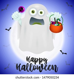 Happy Halloween lettering and ghost holding cauldron with sweets. Invitation or advertising design. Handwritten text, calligraphy. For leaflets, brochures, invitations, posters or banners.