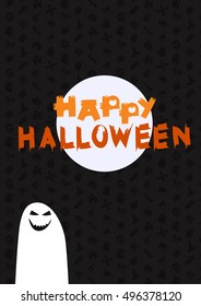 Happy Halloween Lettering, ghost, moon. Trick or treat. Print, greeting, t-shirt. Halloween concept. Halloween card. Halloween poster. Design halloween element. Vector banner with happy halloween text