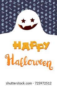 Happy Halloween Lettering with ghost. Trick or treat concept for print, fabric, greeting, card, banner, t-shirt. Poster with halloween text. Vector