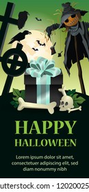 Happy Halloween lettering with gift box, scarecrow and crosses. Invitation or advertising design. Typed text, calligraphy. For leaflets, brochures, invitations, posters or banners.