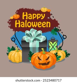 Happy Halloween lettering with gift box, vintage lantern, pumpkins decorated with leaves. Typed text, calligraphy. Holiday, celebration, party concept. Vector illustration for banner design