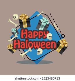 Happy Halloween lettering with gift boxes, skulls and bones. Typed text, calligraphy. Holiday, celebration, party concept. Vector illustration for invitation or banner design