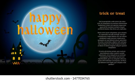 Happy Halloween lettering with graveyard, castle and moon. Invitation or advertising design. Handwritten text, calligraphy. For leaflets, brochures, invitations, posters or banners.