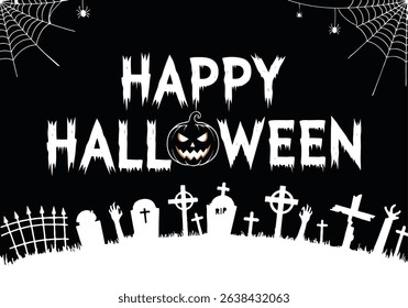 Happy Halloween Lettering Graveyard Night - Spooky Text with Tombstones and Spiders. Vector illustration