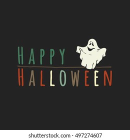 Happy Halloween lettering greeting cards. Horizontal banner with a very cute funny ghost isolated on the black background. Cartoon style. Vector illustration.