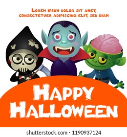 Happy Halloween lettering with grim reaper, Dracula and zombie. Invitation or advertising design. Typed text, calligraphy. For leaflets, brochures, invitations, posters or banners.