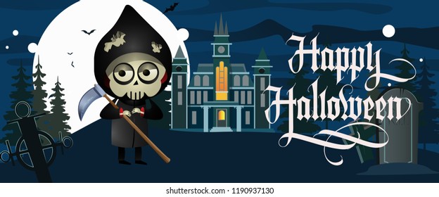 Happy Halloween lettering with grim reaper, castle and cemetery. Invitation or advertising design. Handwritten text, calligraphy. For leaflets, brochures, invitations, posters or banners.